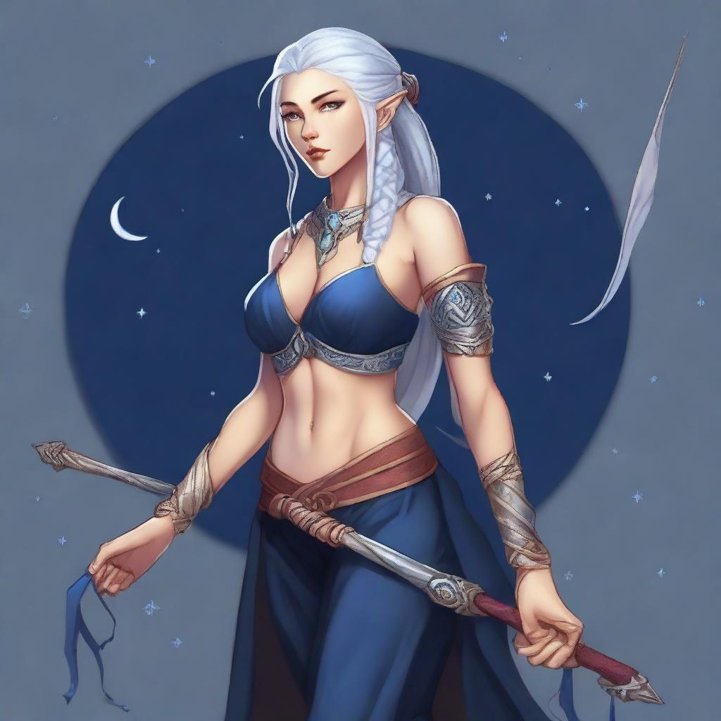 A full-body portrait of a half-elf lunar sorcerer with silver hair and tan skin