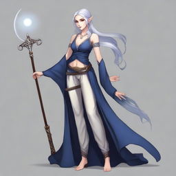 A full-body portrait of a half-elf lunar sorcerer with silver hair and tan skin