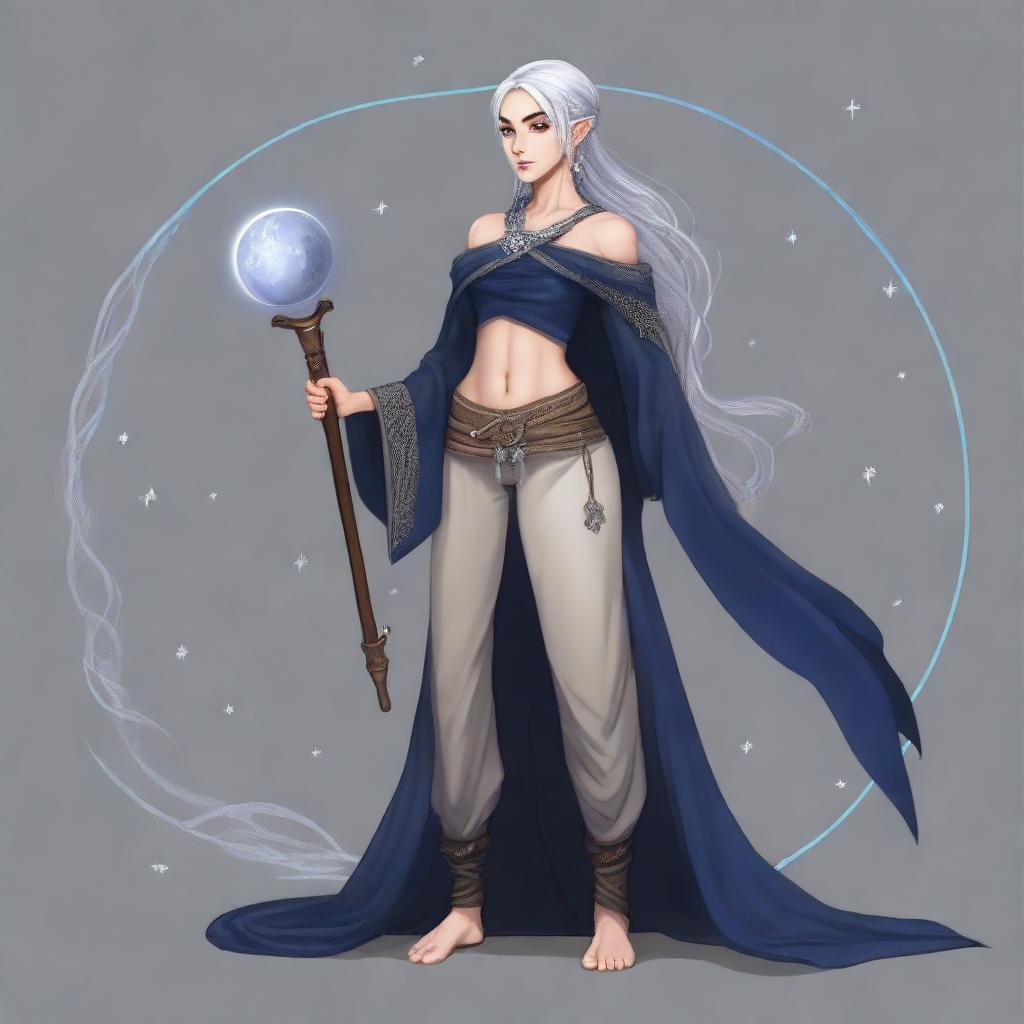 A full-body portrait of a half-elf lunar sorcerer with silver hair and tan skin