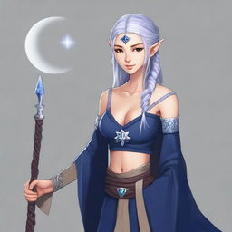 A full-body portrait of a half-elf lunar sorcerer with silver hair and tan skin