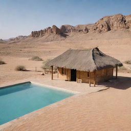 A rustic hut in the middle of a desert with a swimming pool and a logo visible