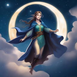 A powerful half-elf with lunar sorcery flying in the night sky