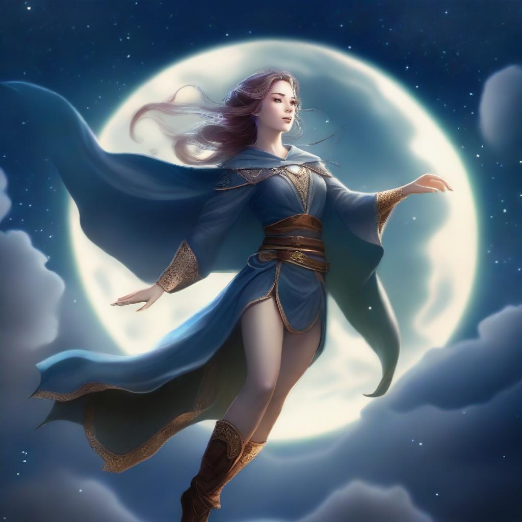 A powerful half-elf with lunar sorcery flying in the night sky