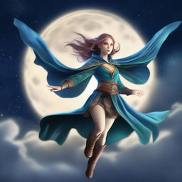 A powerful half-elf with lunar sorcery flying in the night sky