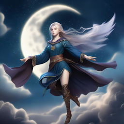 A powerful half-elf with lunar sorcery flying in the night sky