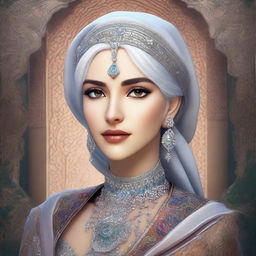 A female character with silver hair and eyes, inspired by Ottoman and Persian aesthetics