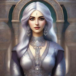 A female character with silver hair and eyes, inspired by Ottoman and Persian aesthetics