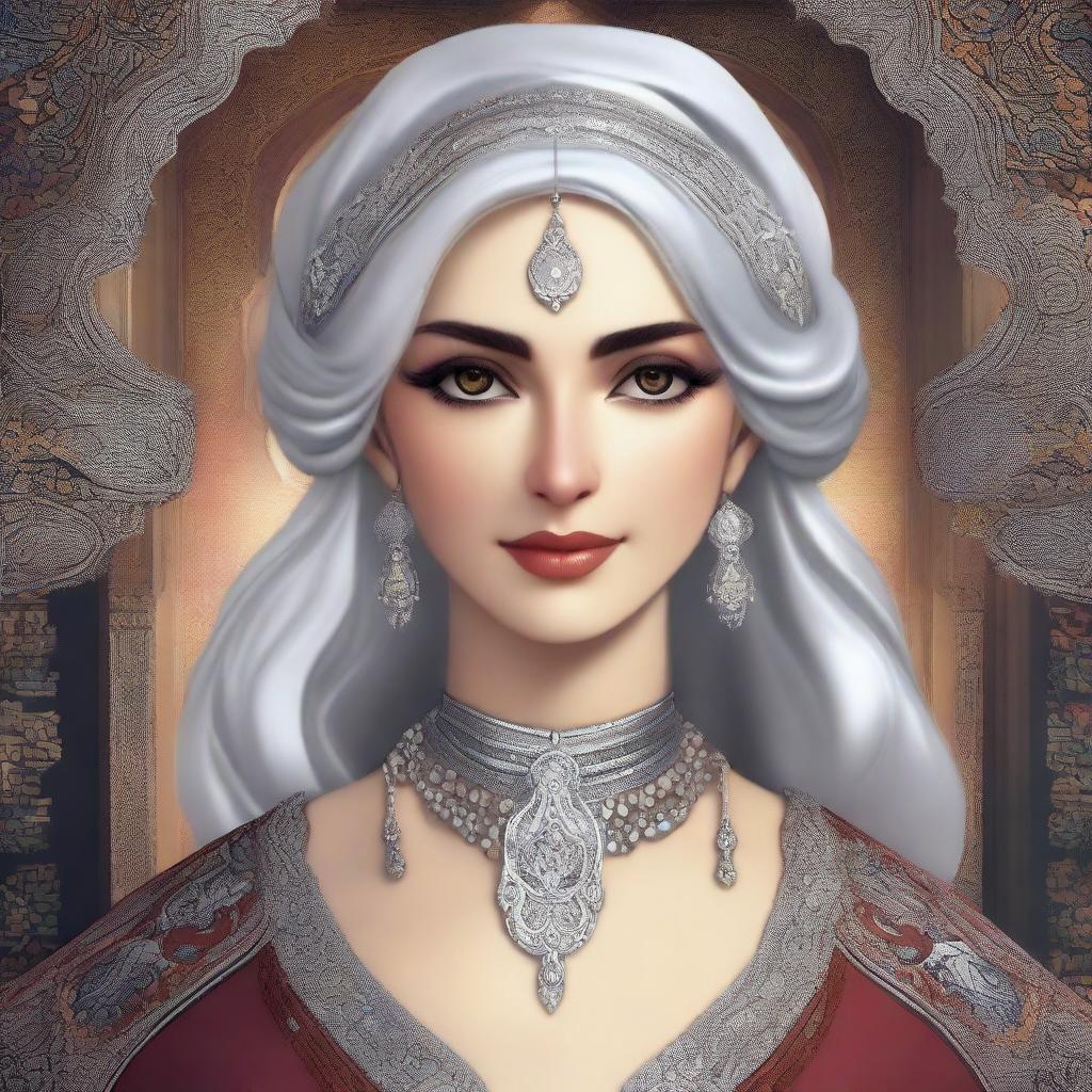 A female character with silver hair and eyes, inspired by Ottoman and Persian aesthetics