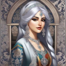 A female character with silver hair and eyes, inspired by Ottoman and Persian aesthetics