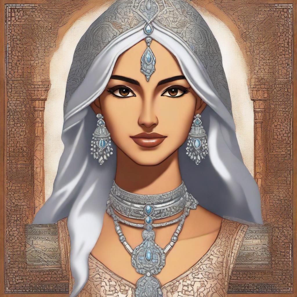 A deeply tanned female character with silver hair and eyes, inspired by Ottoman and Persian aesthetics