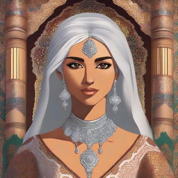 A deeply tanned female character with silver hair and eyes, inspired by Ottoman and Persian aesthetics