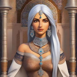 A deeply tanned female character with silver hair and eyes, inspired by Ottoman and Persian aesthetics