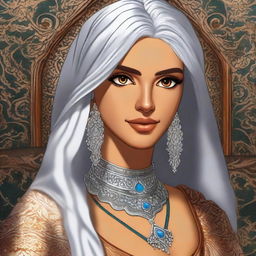 A deeply tanned female character with silver hair and eyes, inspired by Ottoman and Persian aesthetics