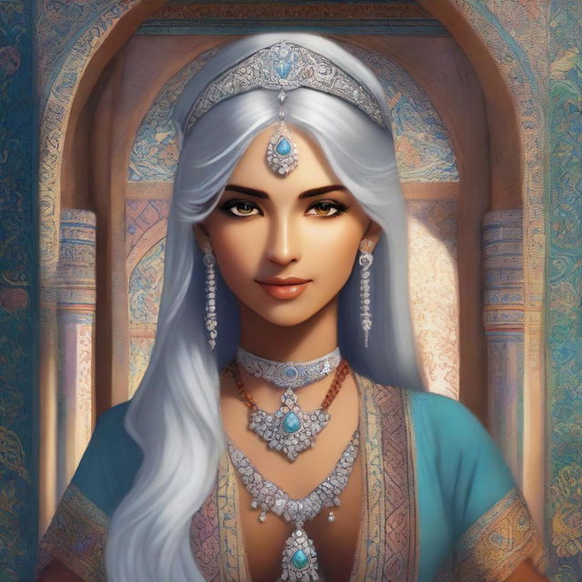 A full-body portrait of a deeply tanned female character with silver hair and eyes, inspired by Ottoman and Persian aesthetics