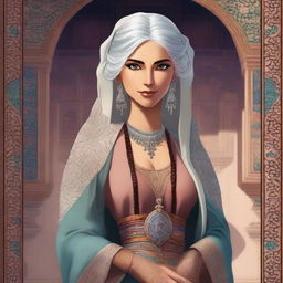 A full-body portrait of a deeply tanned female character with silver hair and eyes, inspired by Ottoman and Persian aesthetics