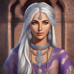 A full-body portrait of a deeply tanned female character with silver hair and eyes, inspired by Ottoman and Persian aesthetics