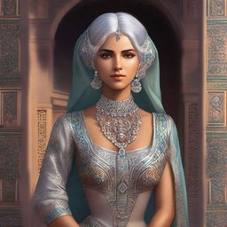 A full-body portrait of a deeply tanned female character with silver hair and eyes, inspired by Ottoman and Persian aesthetics