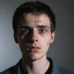 A 24-year-old man with umbrakinesis showing a haunted, deadened look in his eyes as he manipulates shadows, exuding an aura of despair and solitude.