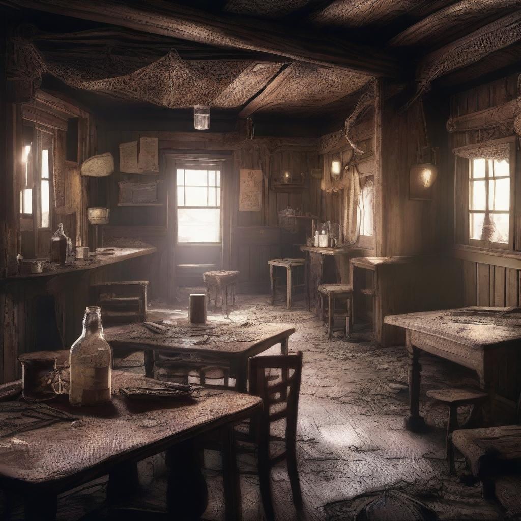 A dirty, dusty, and messy old western DnD saloon