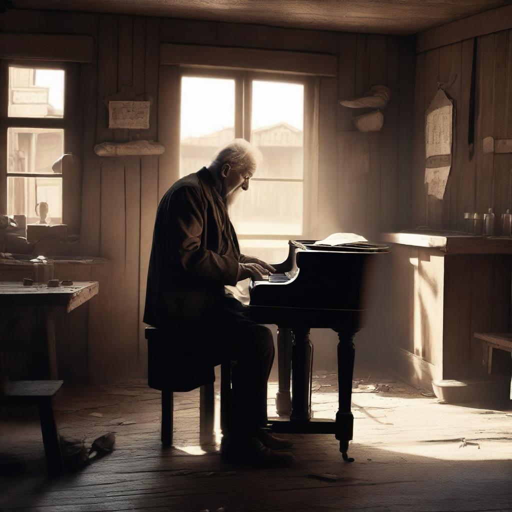 A very old man playing the piano in a dusty, dirty, and messy old western saloon