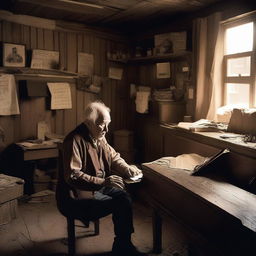 A very old man playing the piano in a dusty, dirty, and messy old western saloon