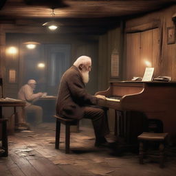 A very old man playing the piano in a dusty, dirty, and messy old western saloon