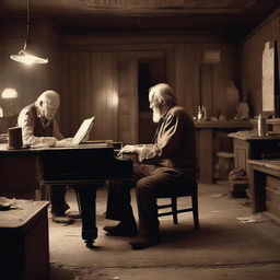 A very old man playing the piano in a dusty, dirty, and messy old western saloon