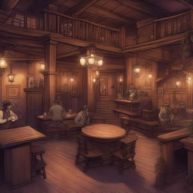 A detailed illustration of a western saloon in a Dungeons & Dragons style