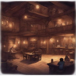 A detailed illustration of a western saloon in a Dungeons & Dragons style