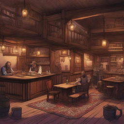 A detailed illustration of a western saloon in a Dungeons & Dragons style