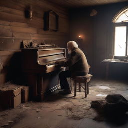 A very old man playing the piano in a dusty, dirty, and messy old western saloon