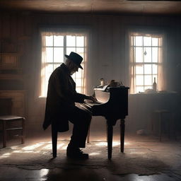 A very old man playing the piano in a dusty, dirty, and messy old western saloon