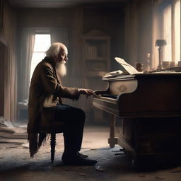 A very old man playing the piano in a dusty, dirty, and messy old western saloon