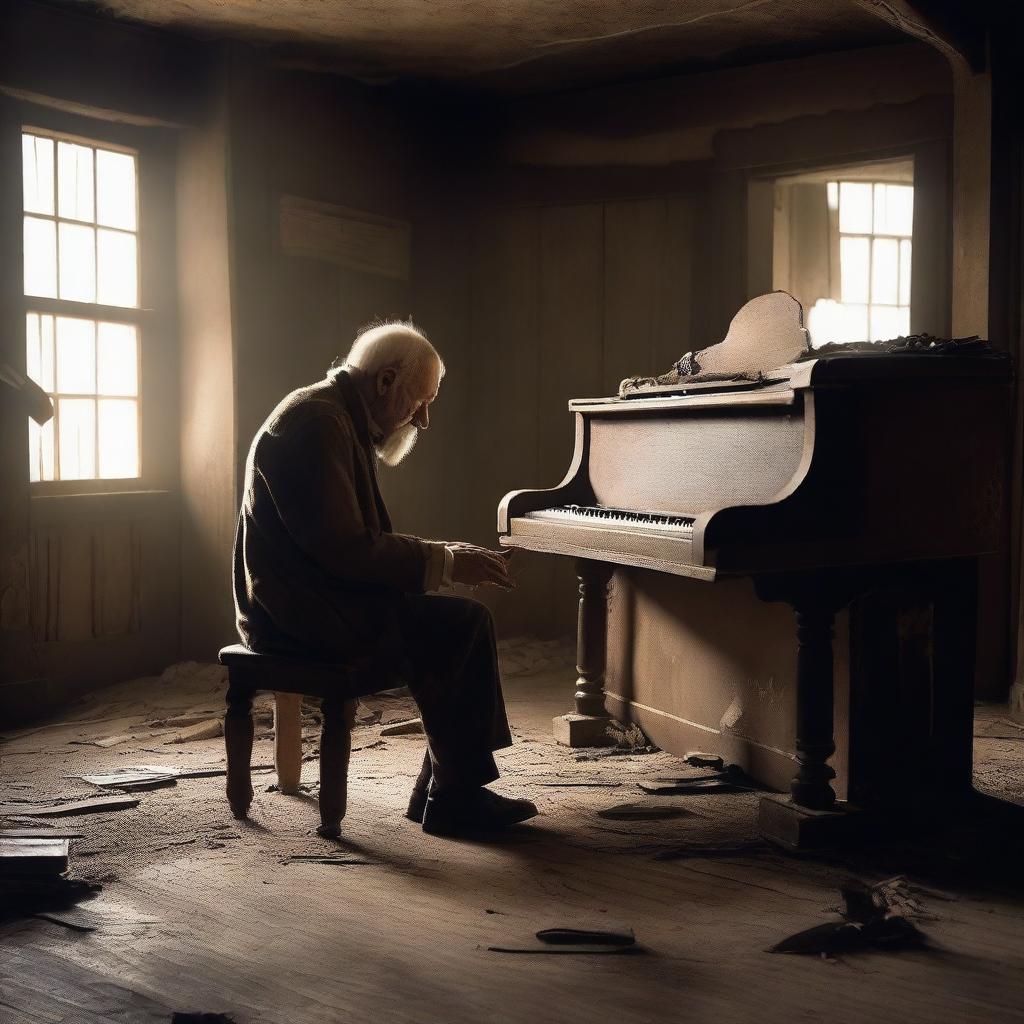 A very old man playing the piano in a dusty, dirty, and messy old western saloon