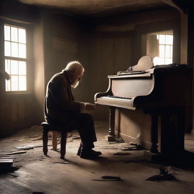 A very old man playing the piano in a dusty, dirty, and messy old western saloon