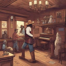 A detailed illustration of a Dungeons & Dragons style western saloon with a piano player