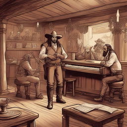 A detailed illustration of a Dungeons & Dragons style western saloon with a piano player