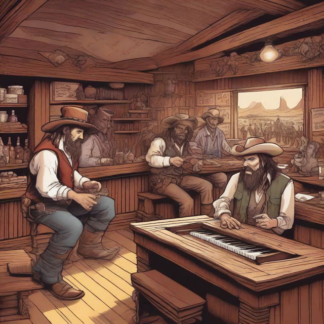 A detailed illustration of a Dungeons & Dragons style western saloon with a piano player