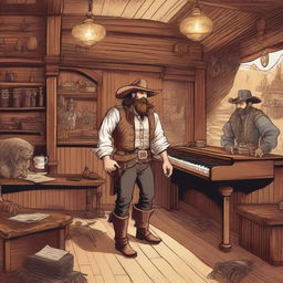 A detailed illustration of a Dungeons & Dragons style western saloon with a piano player