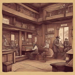 A detailed illustration of a Dungeons & Dragons style western saloon with a piano player