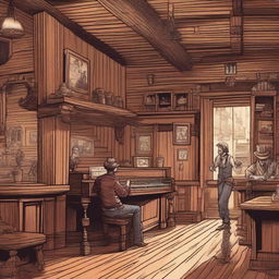 A detailed illustration of a Dungeons & Dragons style western saloon with a piano player