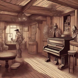 A detailed illustration of a Dungeons & Dragons style western saloon with a piano player