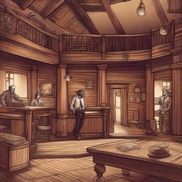 A detailed illustration of a Dungeons & Dragons style western saloon with a piano player