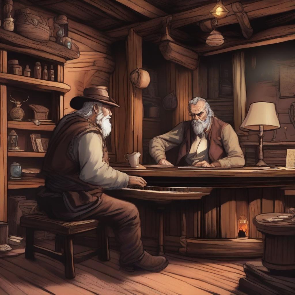 A Dungeons & Dragons style western saloon with an ancient old man playing the piano