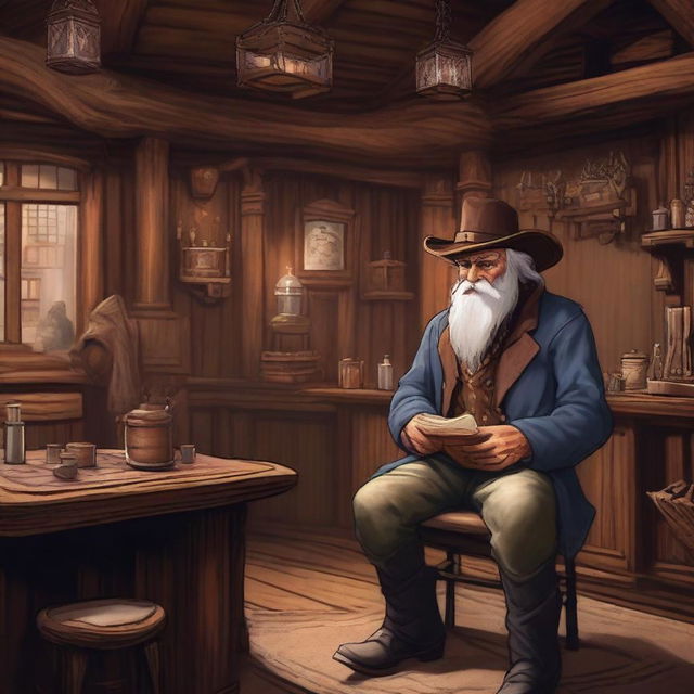 A Dungeons & Dragons style western saloon with an ancient old man playing the piano