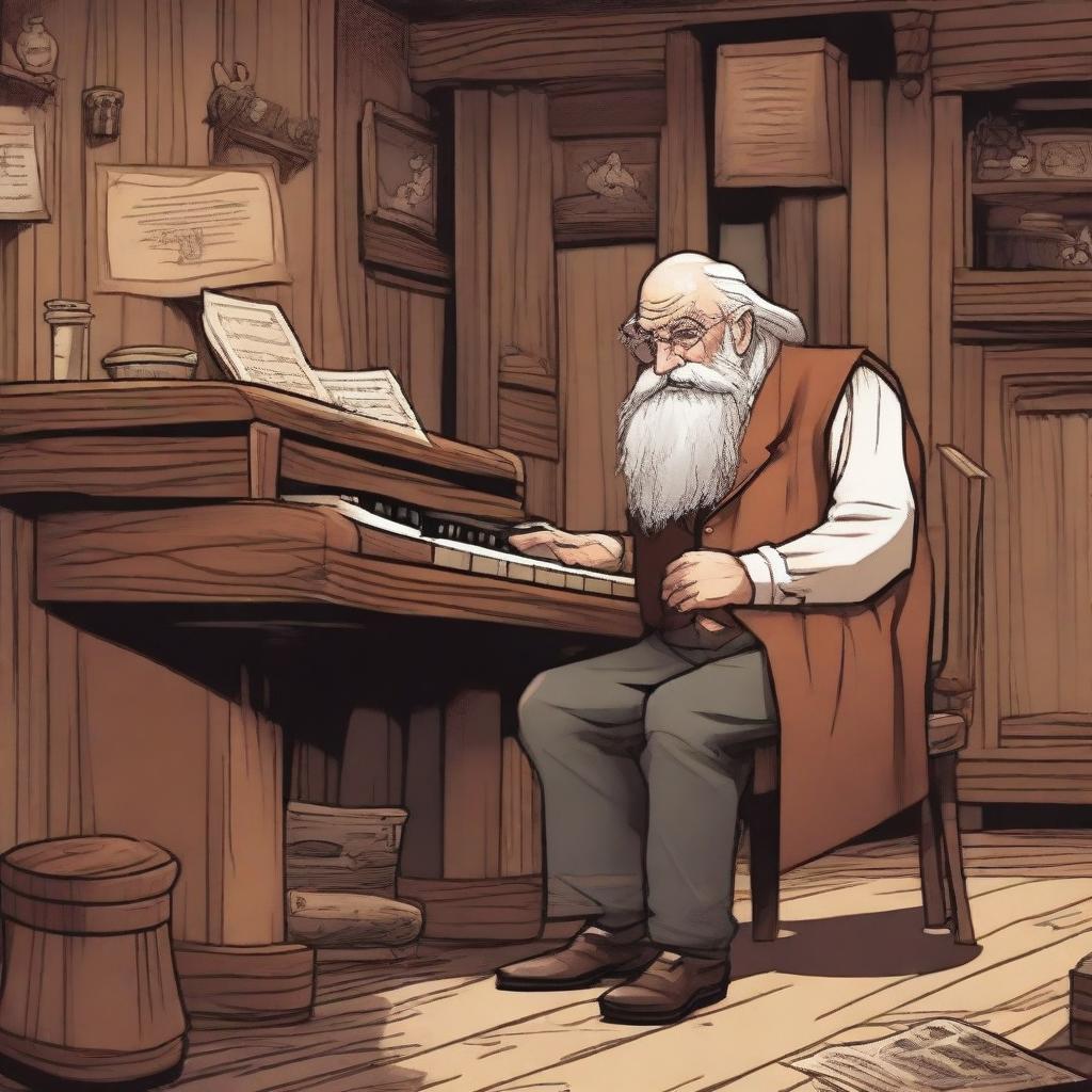 A very old man playing a piano in a Dungeons & Dragons world western style saloon