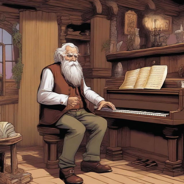 A very old man playing a piano in a Dungeons & Dragons world western style saloon