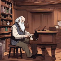 A very old man playing a piano in a Dungeons & Dragons world western style saloon