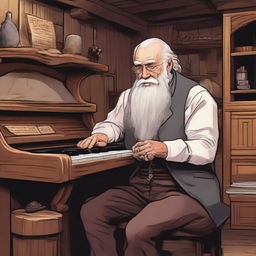 A very old man playing a piano in a Dungeons & Dragons world western style saloon