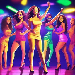 A vibrant nightclub scene featuring attractive women dancing and enjoying themselves